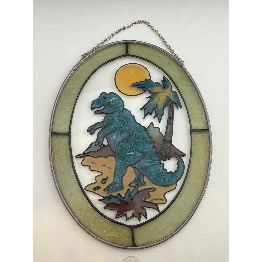 Vintage Faux Stained Glass T-Rex Dinosaur Suncatcher Oval Window Decor Teal